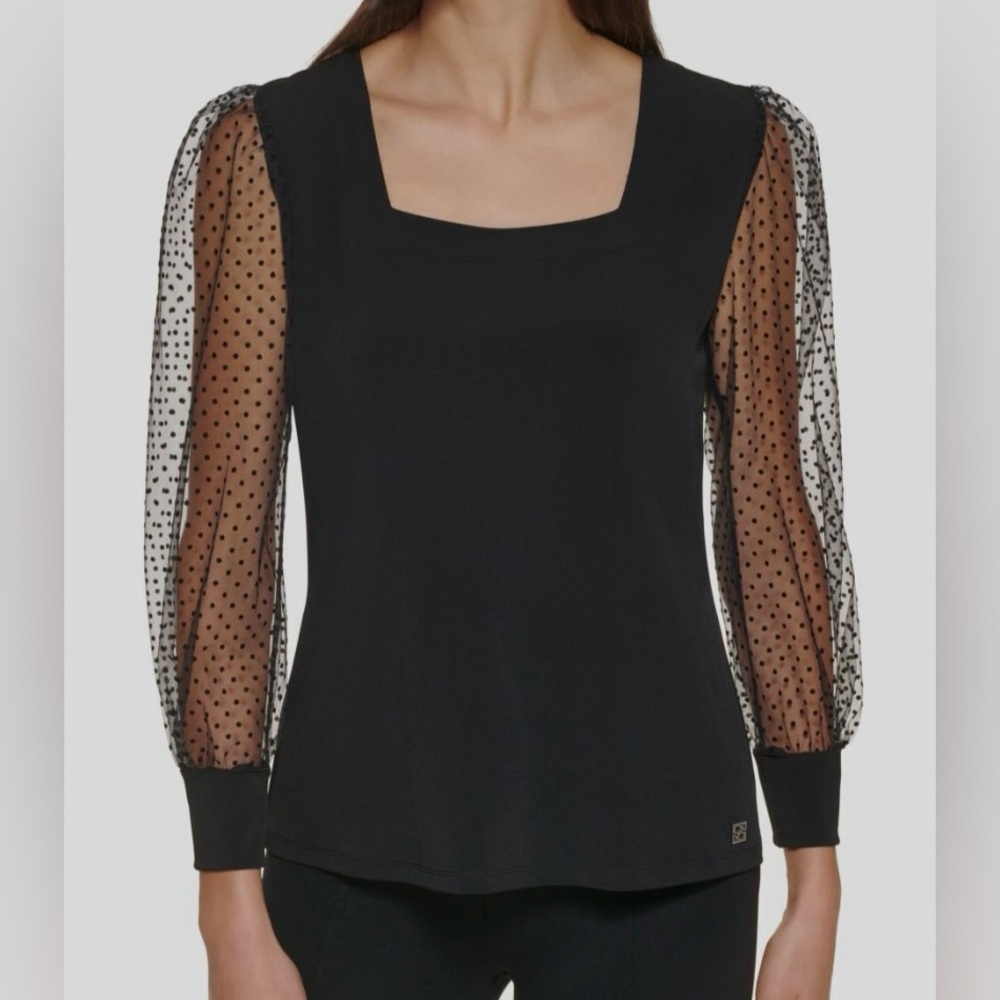 NWT Calvin Klein Black Polka Dot Sheer Long Sleeves Shirt XL